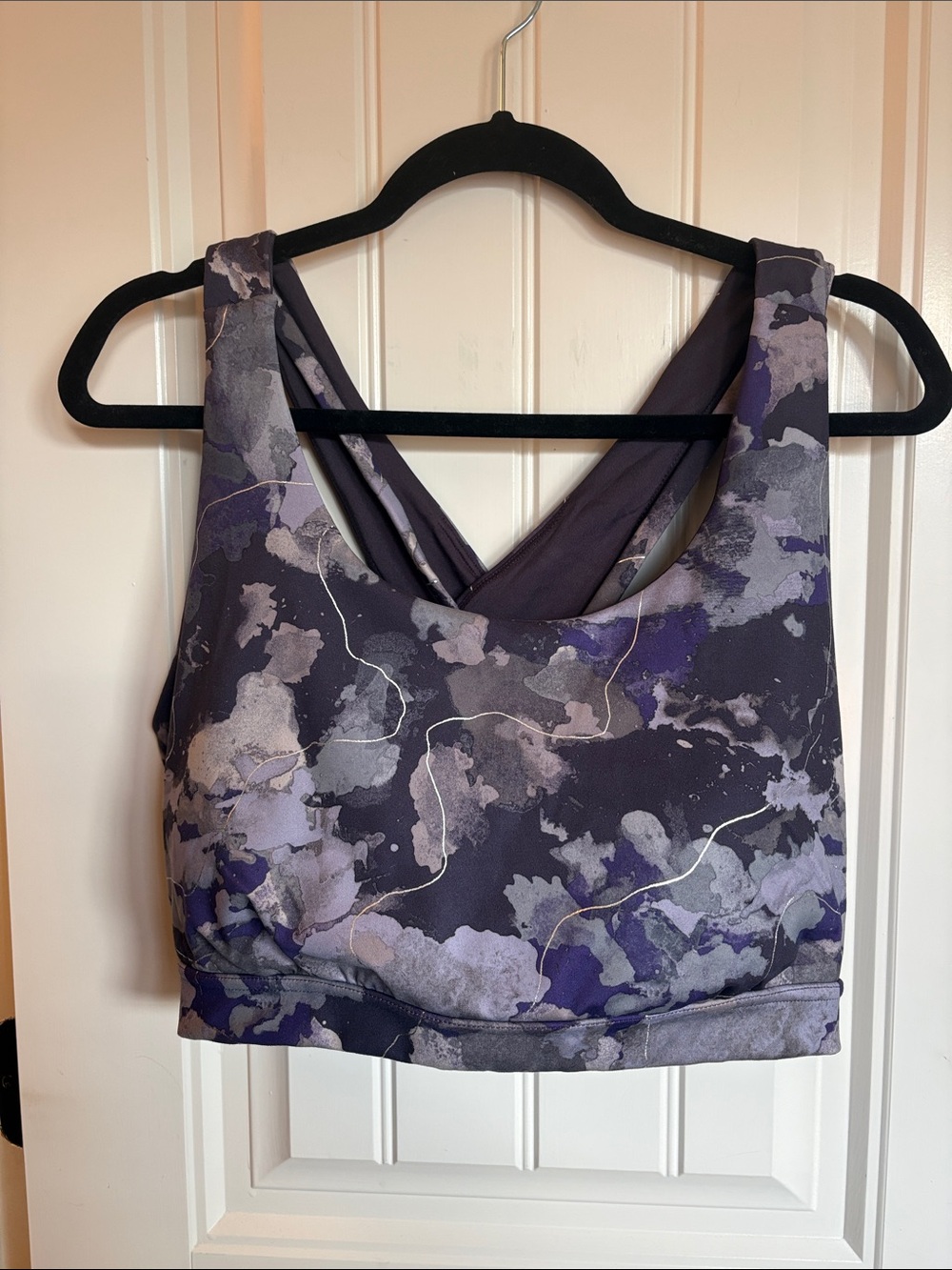 Purple Marble Print Cross-Back Sports Bra